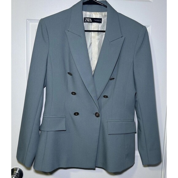 Zara Blazer Women's Medium Blue Double Breasted Gold Button Lined Jacket Career - Picture 2 of 9